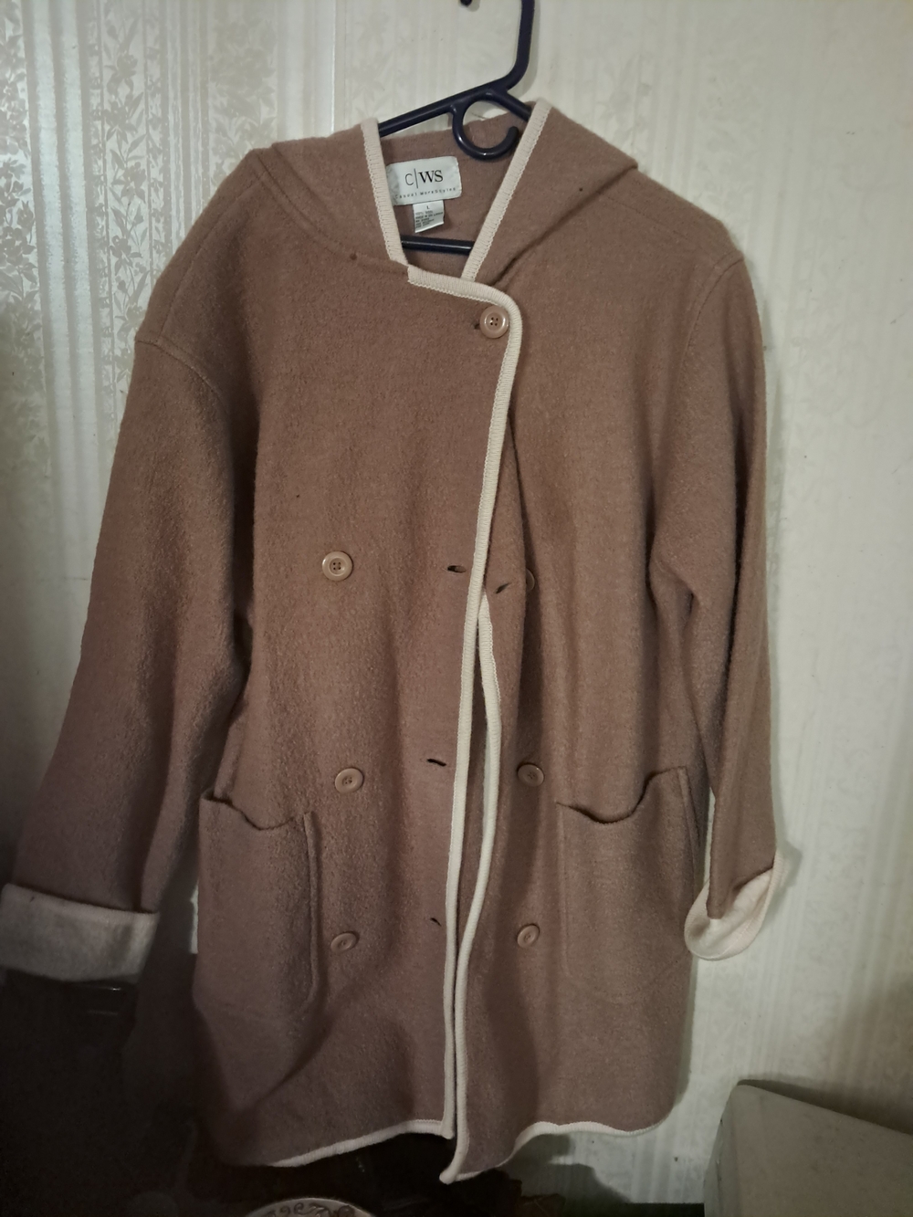 Hooded Wool Blend Coat with Contrast Trim